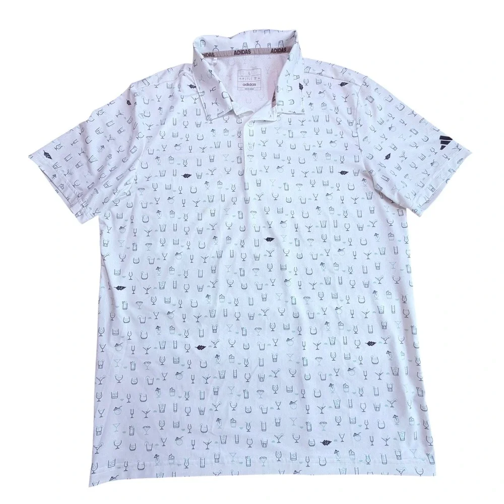 Adidas Golf Mens Large White Cocktail Drink Print Performance Polo Shirt Vaca